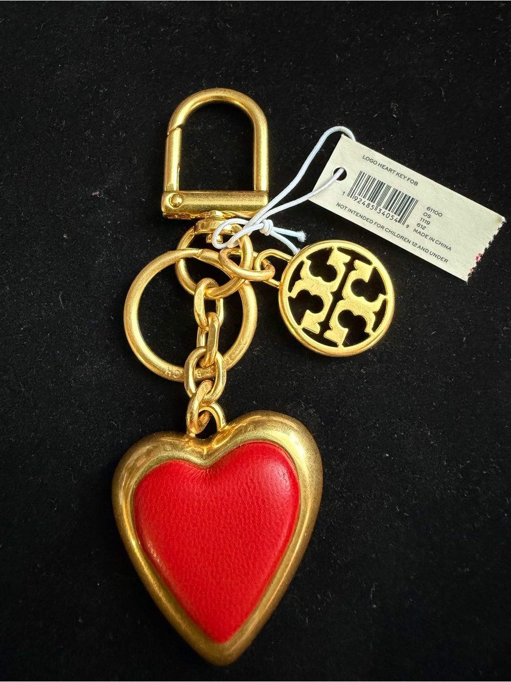 Tory Burch Logo Heart Key Fob Bag Charm Red Leather Gold Tone NWT